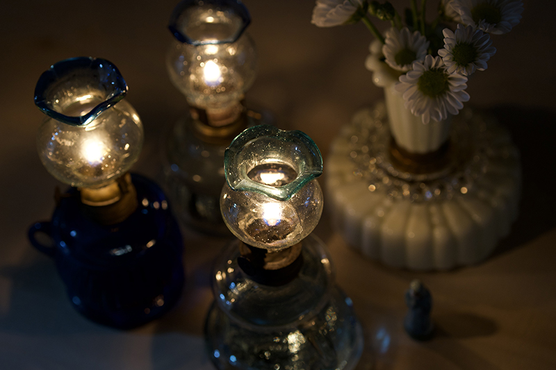 金魚鉢ホヤ3兄弟とウランガラスのキャンドル立て