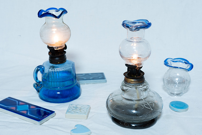 金魚鉢ホヤの大正豆ランプと昭和レトロタイル